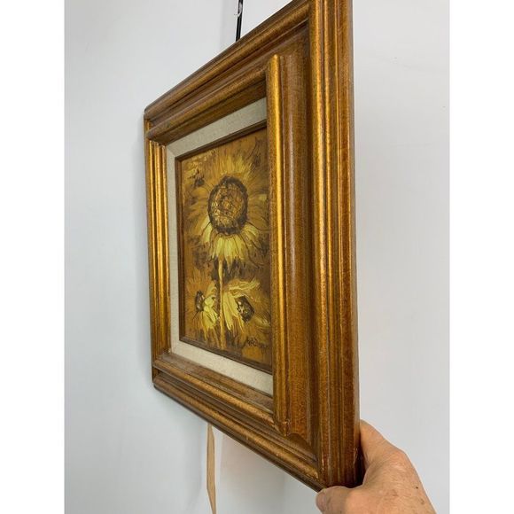 60s Vintage Original Oil Painting Small 17.5 x 15.5" Sunflowers with Frame 6390 - Picture 9 of 10